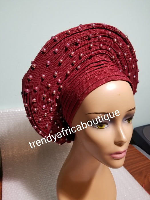 Latest Nigeria auto gele. Wine color Auto-gele. Quality aso-oke made into auto gele. bead gele, Party ready in less than 5 minutes. One size fit, easy adjustment at the back
