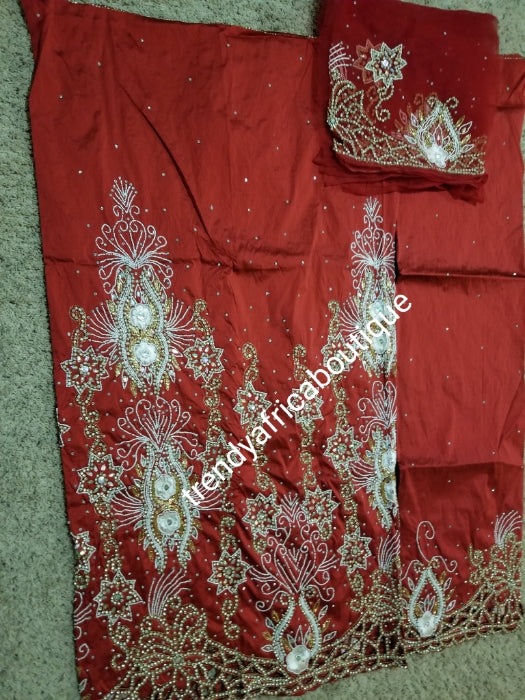 Ready to ship. Exclusive Wine Red Madam/celebrant Nigerian George wrapper. Beaded and stoned with hand cut border. Special occasion wrapper. 5yds + 1.8yds matching net (now sewn) for blouse. Tradtional Igbo/Delta Bridal outfit