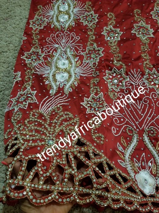 Ready to ship. Exclusive Wine Red Madam/celebrant Nigerian George wrapper. Beaded and stoned with hand cut border. Special occasion wrapper. 5yds + 1.8yds matching net (now sewn) for blouse. Tradtional Igbo/Delta Bridal outfit
