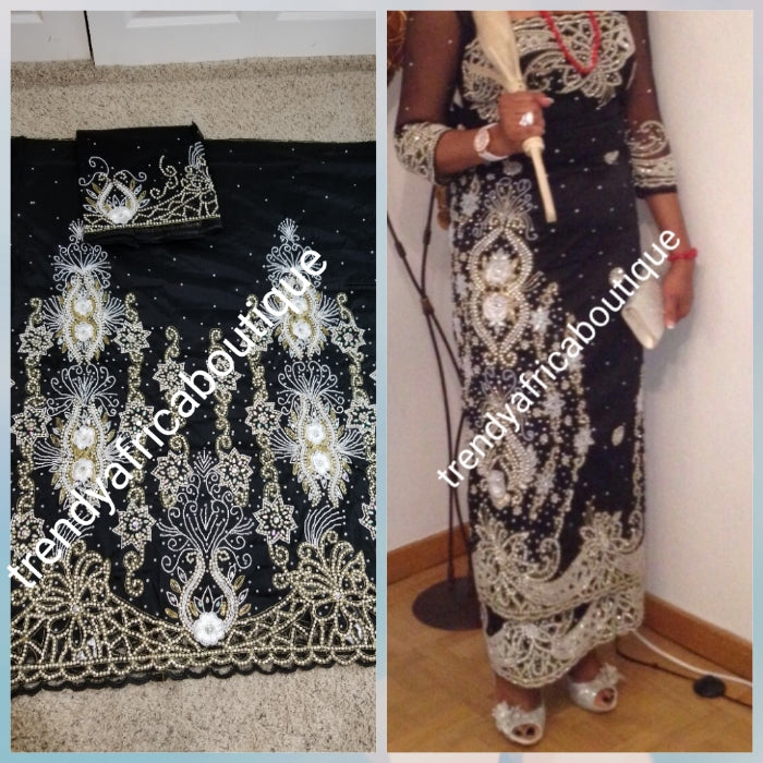 Ready to ship: Exclusive Black Madam/celebrant Nigerian George wrapper. Beaded and stoned with hand cut border. Special occasion wrapper. 5yds + 1.8yds matching net (now sewn) for blouse. Tradtional Igbo/Delta Bridal outfit