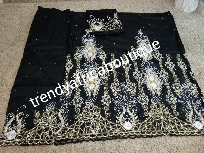 Ready to ship: Exclusive Black Madam/celebrant Nigerian George wrapper. Beaded and stoned with hand cut border. Special occasion wrapper. 5yds + 1.8yds matching net (now sewn) for blouse. Tradtional Igbo/Delta Bridal outfit