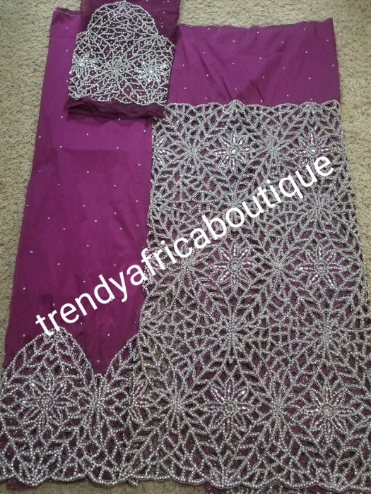 New arrival: Magenta VIP/Celebrant Supper quality Silk George Wrapper for High society Ceremony. Niger/Igbo/Delta women George wrapper comes in 2 wrapper + 1.8 yrds matching blouse. Nigerian Traditional outfit. Hand stoned with silver crystal stones