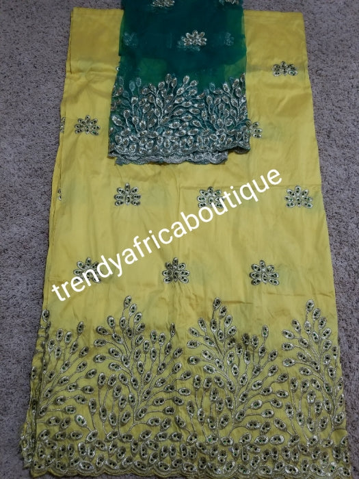 Nigerian Tranditional George wrapper. Embriodery/stones design in yellow/green matching net for blouse (not sewn). Small-George. Original yellow silk Geoege, embellished with green crystal stones and gold embriodery