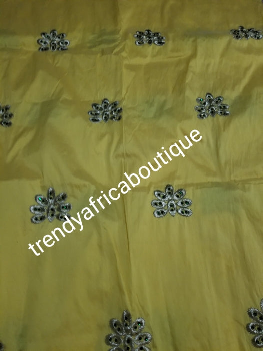 Nigerian Tranditional George wrapper. Embriodery/stones design in yellow/green matching net for blouse (not sewn). Small-George. Original yellow silk Geoege, embellished with green crystal stones and gold embriodery