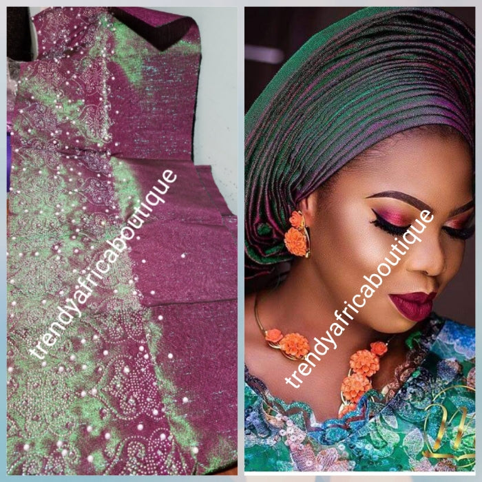 Magenta/green Latest metallic 2 tone aso-oke gele Bedazzled with shinning crystal stones and pearls. Sold as Gele only. Nigerian Traditional Aso-oke head wrap for party wear