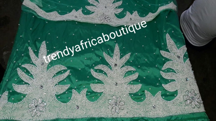 Sale: Mint Green Classic hand beaded and stoned work On Silk George wrapper. Nigerian Tradional wedding George fabric. 5 yards + 1.8yds matching blouse