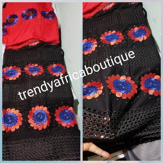 Latest design: Original quality African Swiss Voile Lace fabric black/Red/royalblue for making party dress. Beautiful black sold design black is 5yds + 1.8yds red voile for black combinations. Sold together as a set.