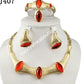 Top quality costume Dubai jewelry set in 18k gold plating available in brown stone or Red stone design.  High quality hypoallergenic jewelry set. 4pcs set. One size fit ring. African party jewelry set