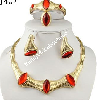 Top quality costume Dubai jewelry set in 18k gold plating available in brown stone or Red stone design.  High quality hypoallergenic jewelry set. 4pcs set. One size fit ring. African party jewelry set