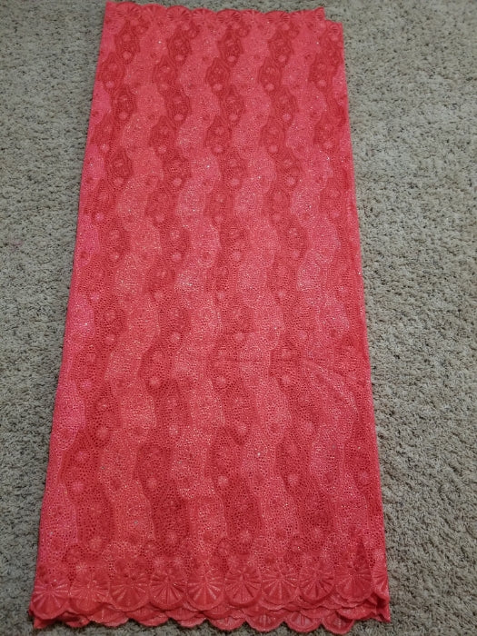 Clearance item: Quality dry swiss lace fabric for African traditional native wear. Sold per 5yds. Coral color