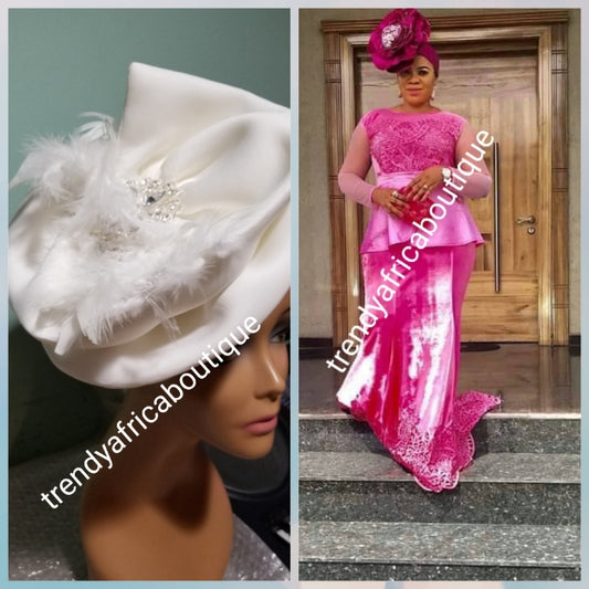 Off White turban design with white feather. Dress it up to chure or party. Women-turban. One size fit all turban. Beautiful design with a side brooch to add decor to your turban