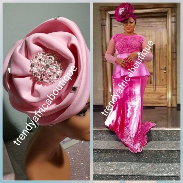 Baby pink color Women-turban. One size fit all turban. Beautiful flower design with a side brooch to add decor to your turban