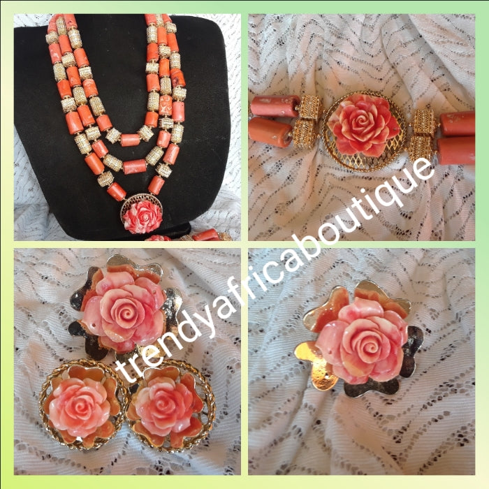 Make to order. 4pcs Edo Coral-necklace set with Gold accessories. Original Nigerian coral beaded 3 layer/earrings/bracelet and matching Ring for Nigerian Traditional Ceremonies. sold as a set. Price is for all set. Allow 3-6 weeks to receive order