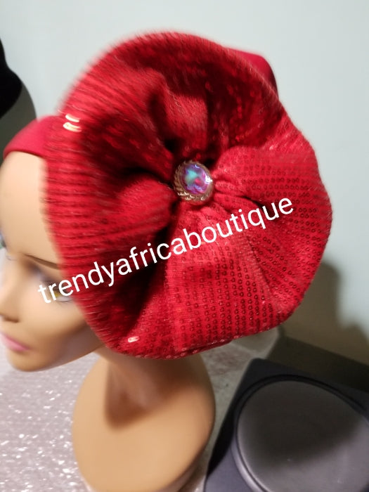 Red color Women-turban. One size fit all turban. Beautiful flower design with a side brooch/ embellished with crystal stones to add decor to your turban