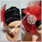 Velvet tubans in 3 elegant colors. Women-turban. One size fit all turban. Beautiful flower design with a side brooch/ embellished with crystal stones  and contrasts net to add decor to your turban