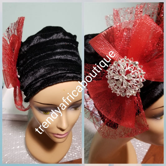 Velvet tubans in 3 elegant colors. Women-turban. One size fit all turban. Beautiful flower design with a side brooch/ embellished with crystal stones  and contrasts net to add decor to your turban