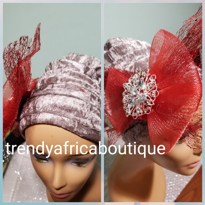 Velvet tubans in 3 elegant colors. Women-turban. One size fit all turban. Beautiful flower design with a side brooch/ embellished with crystal stones  and contrasts net to add decor to your turban