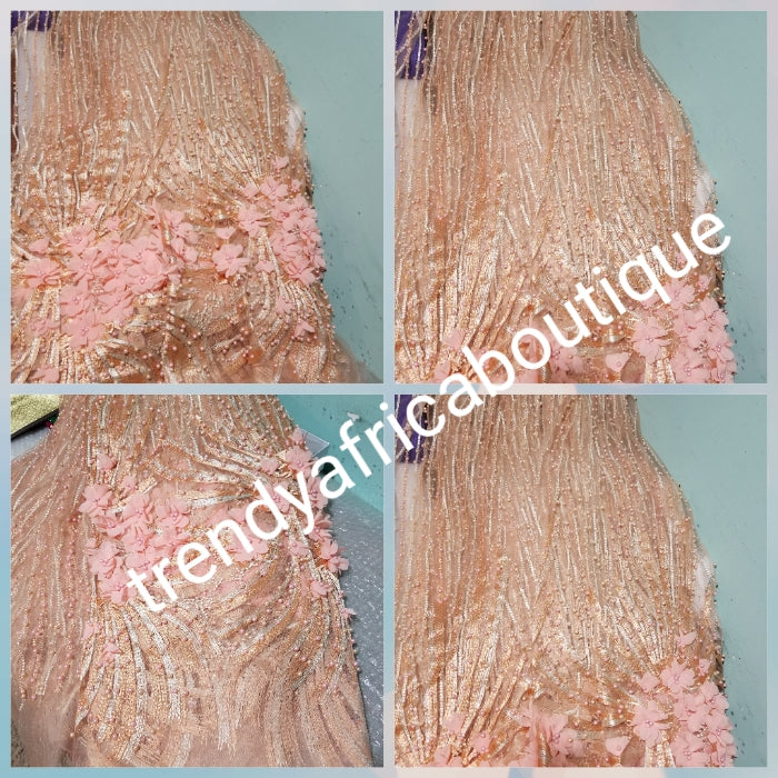 Clearance: African French lace fabric in Peach color. French lace all over pearls and flower petal design. Sold per 5yds, price is for 5yds. For making African party dresses, evenning gowns.