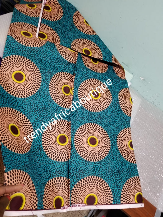 Gurantee African wax print fabric. Veritable Ankara Sold per 6yds. Price is for 6yds soft texture, excellent quality. Ankara wax primt for making latest African dresses. Teal/preach ankara