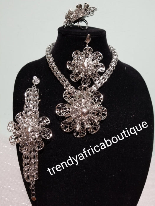 Silver plated big Dubai jewelry set. Bold/Beautiful 4pc. silver costume necklace/earrings/ring/bracelet. Adjustable necklace and bracelet. Open ring for fit adjustments. African 18k silver plated quality fashion Jewelry set
