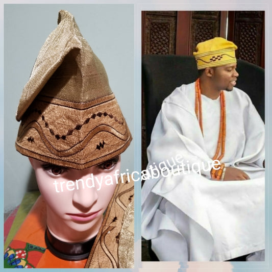 Champagne gold Aso-oke Embroidery Agbada Cap for men. African/Nigerian men-cap for party and ceremonies. Available in size  22.5" and size 23" head circumference