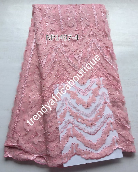 New Arrival of African French Lace fabric. Sweet lilac color. Stoned/Sequence French lace. Great Quality