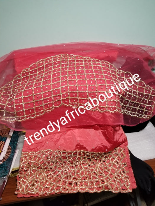 New arrival: sweet coral hand made cut work and stoned  VIP George Wrapper.  Original Raw Silk George wrapper in 2.5yds  + 2.5yds + 1.8yds matching net blouse fabric. Classic Nigerian/Igbo/Delta Celebrant George.