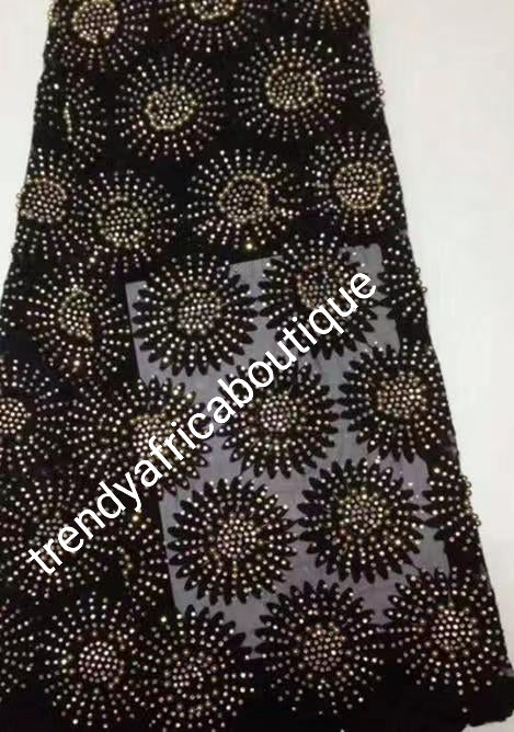 Special offer Beaded/crystal stoned bead-dazzled French lace fabric for celebrant. Classic, quality design French lace in black. Sold per 5yds, price is for 5yds
