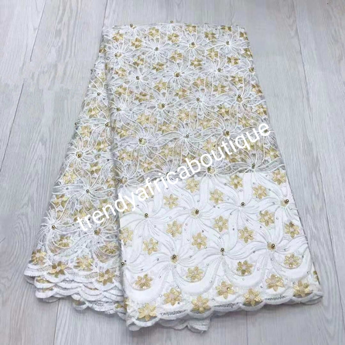 Latest design: African French lace fabric embellished with beads & stones all over to perfection. Sold per 5yds. Nigerian Bridal lace fabric white/gold