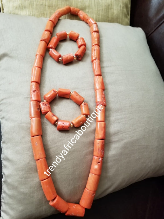 Original Edo Native bead.Coral beaded necklace set for Nigerian/Edo traditional wedding for men. Coral-necklace and  bracelet. Big chunky coral