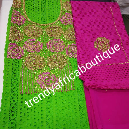 African lace fabric in 3yrds. Embellished with Beads and stoned neckline + 2yds wrapper + 1.5yds headwrap 6.5yds total as a set. Quality stone work for kaftan dress. Green/fuschia pink color combination