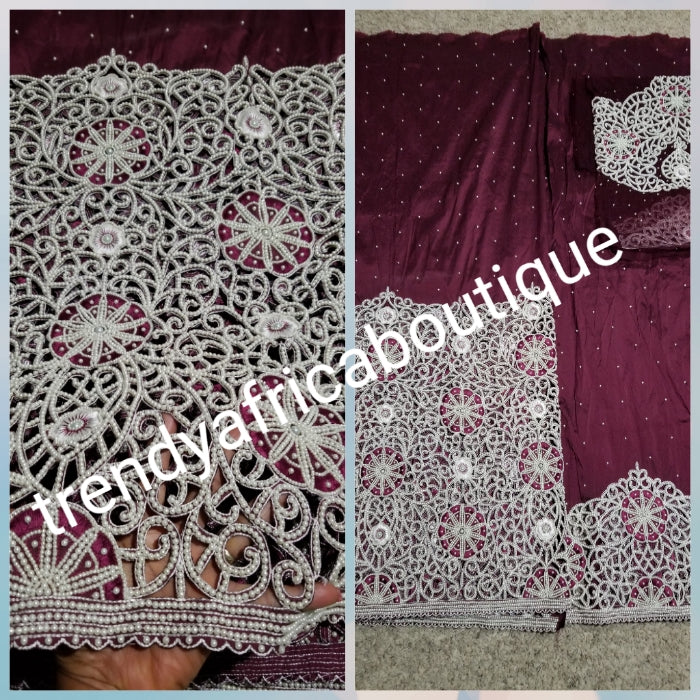 Maroon Quality VIP Celebrant Nigerian Bridal George wrapper. Hand Beaded and Stoned to perfection on Hand cut border. Niger/Igbo/delta traditional wedding George for special occasion. 2 wrapper + 1.8yds matching net blouse.