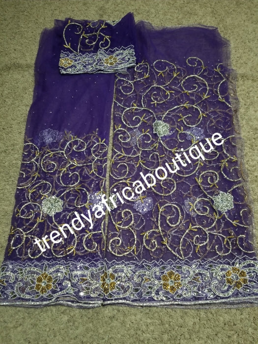 Back in stock: Purple Color all over original Crystal stoned/beaded VIP Royal Net George wrapper for Nigerian big event/Nigerian bridal outfit. all hand stoned 2.5yds+2.5yd + 1.8yds matching net for blouse  Sold as a set.