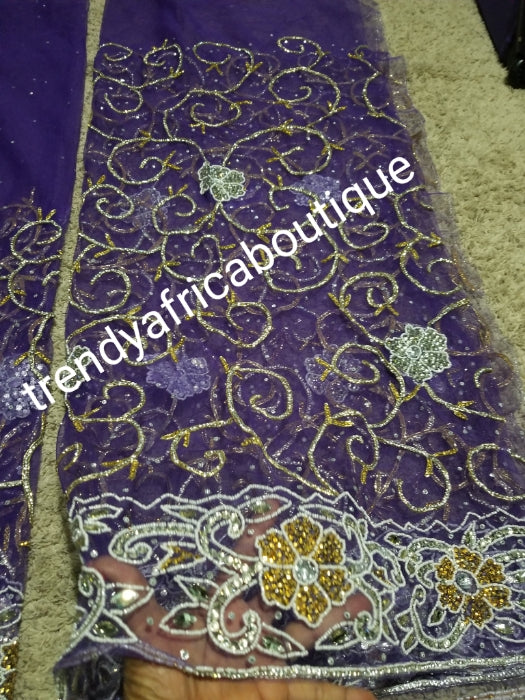 Back in stock: Purple Color all over original Crystal stoned/beaded VIP Royal Net George wrapper for Nigerian big event/Nigerian bridal outfit. all hand stoned 2.5yds+2.5yd + 1.8yds matching net for blouse  Sold as a set.