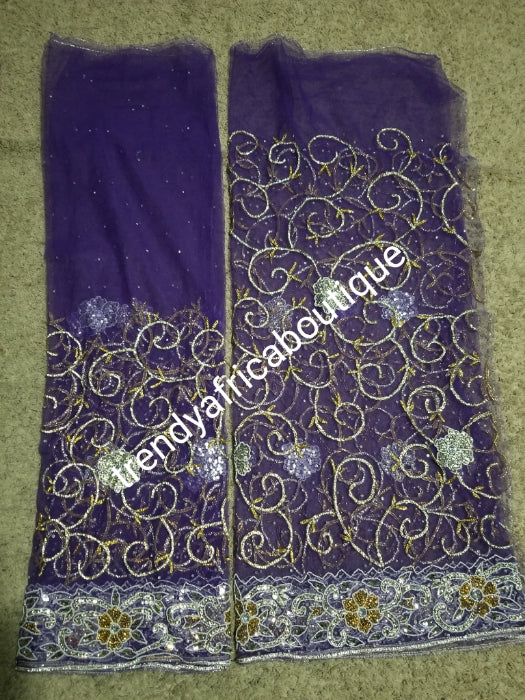 Back in stock: Purple Color all over original Crystal stoned/beaded VIP Royal Net George wrapper for Nigerian big event/Nigerian bridal outfit. all hand stoned 2.5yds+2.5yd + 1.8yds matching net for blouse  Sold as a set.