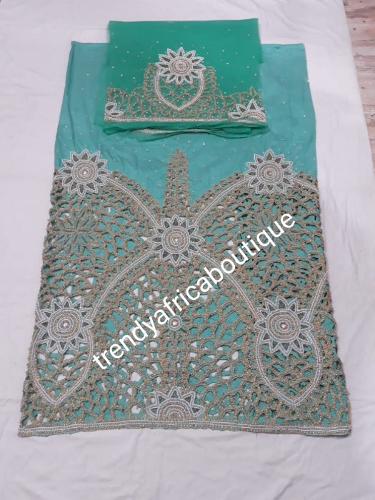 Ready to ship:  Mint Green VIP hand beaded and stoned Nigerian traditional Celebrant George wrapper with matching blouse. Niger/Delta/Igbo women Georges. Quality George wrapper for high society party. Sold as set of 2 wrapper +1.8yds blouse