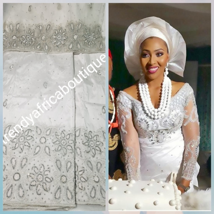 Clearance sale! Pure White/White Quality hand stoned Silk George wrapper. Nigerian Bride beautiful in White George wrapper. Sold as a set of 2 wrapper + 1.8yds  Net for blouse. Niger/delta/Igbo traditional bridal outfit