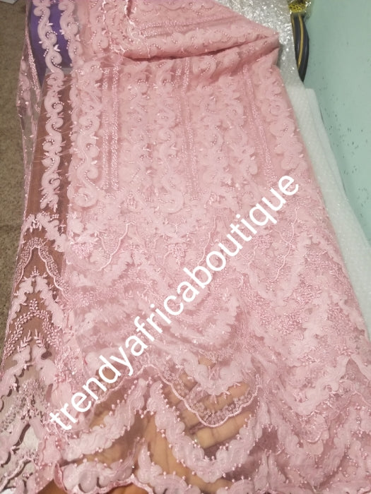 New arrival soft pink net French lace fabric. Quality lace stoned with pearls and sequins. Sold per 5yds. African french lace fabric. Rich quality for wedding dress