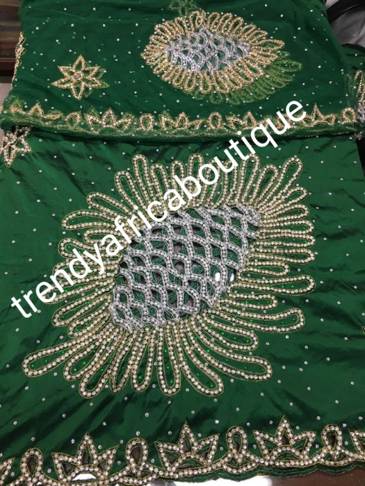 Ready to ship: emerald Green VIP hand beaded and stoned Nigerian traditional Celebrant George wrapper with matching blouse. Niger/Delta/Igbo women Georges. Quality George wrapper for high society party. Sold as set of 2 wrapper +1.8yds blouse