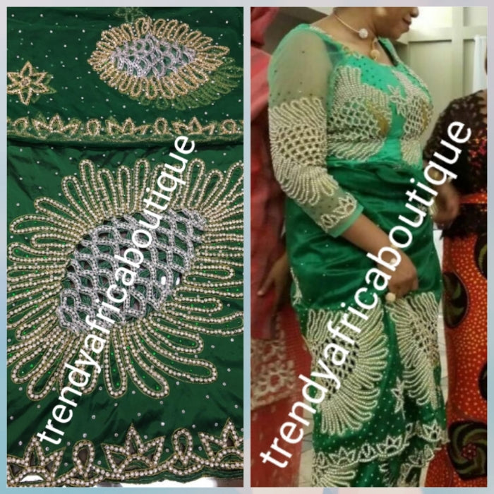 Ready to ship: emerald Green VIP hand beaded and stoned Nigerian traditional Celebrant George wrapper with matching blouse. Niger/Delta/Igbo women Georges. Quality George wrapper for high society party. Sold as set of 2 wrapper +1.8yds blouse