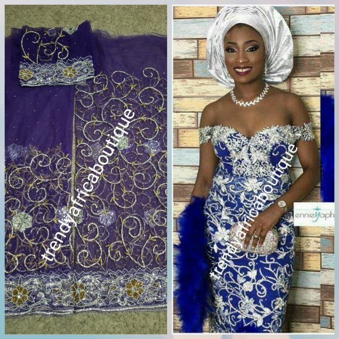 Back in stock: Purple Color all over original Crystal stoned/beaded VIP Royal Net George wrapper for Nigerian big event/Nigerian bridal outfit. all hand stoned 2.5yds+2.5yd + 1.8yds matching net for blouse  Sold as a set.