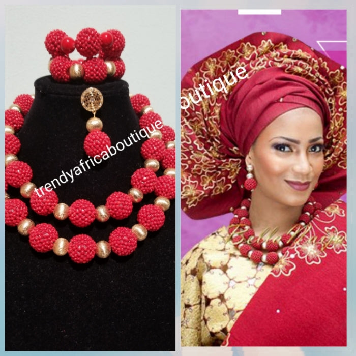 Back in stock: 3 piece set of Coral-necklace. Smaller red coral in cluster beads compliment with Gold beads. Matching 2  bracelet and earrings. Sold as a set, price is for the set. Nigerian traditional wedding beads.