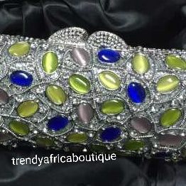 Quality evening hand clutch. Crystal Clutch/purse.  All over dazzling crystal stones. Silver/ multi color crystal stones