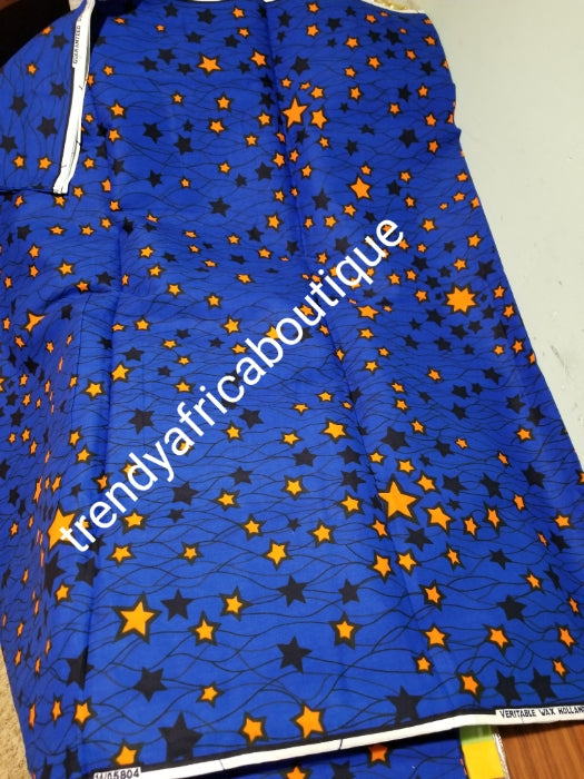 Veritable wax print fabric.  Beautiful royal blue/orange stars in 100% cotton. Excellent quality. Sold per 6yds length