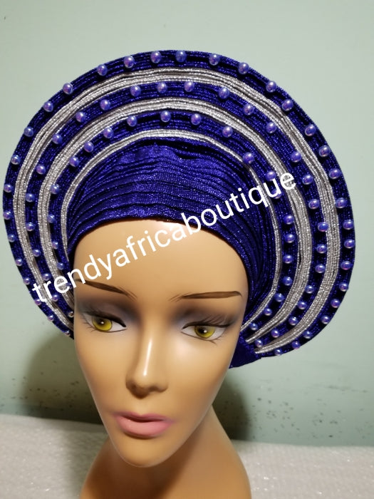 Royal blue/silver embellished with beads auto-gele. Wahala free gele aleeady made for you. One piece with adjustment for proper fit at the back. Original quality from Nigeria.