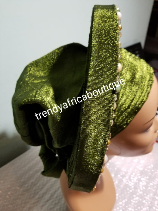 Metallic Olive green/champagne aso-oke embellished with beads auto-gele. Wahala free gele already made for you with finest quality aso-oke. Easy adjustment for proper fit at the back. Original quality from Nigeria.