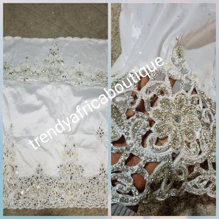 Sale, New arrival: pure White Big VIP beaded and stoned Nigerian traditional Celebrant George wrapper with matching blouse. Niger/Delta/Igbo Big events.  Original Quality crystal stoned work, hand cut border. Sold as set of 2 wrapper +1.8yds blouse