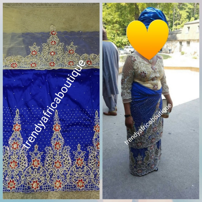 Sale sale: Big Exclusive original crystal stoned V.I.P Celebrant silk George wrapper. Nigerian/Igbo/delta women George. Royal blue with champagne gold contrast blouse in 1.8yds