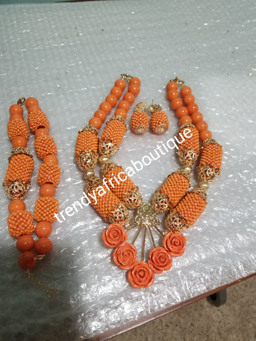 Round coral-necklace set in 2 row necklace. 3pcs set Nigerian Bridal coral beaded necklace set. Matching bracelet and earrings