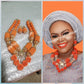 Round coral-necklace set in 2 row necklace. 3pcs set Nigerian Bridal coral beaded necklace set. Matching bracelet and earrings
